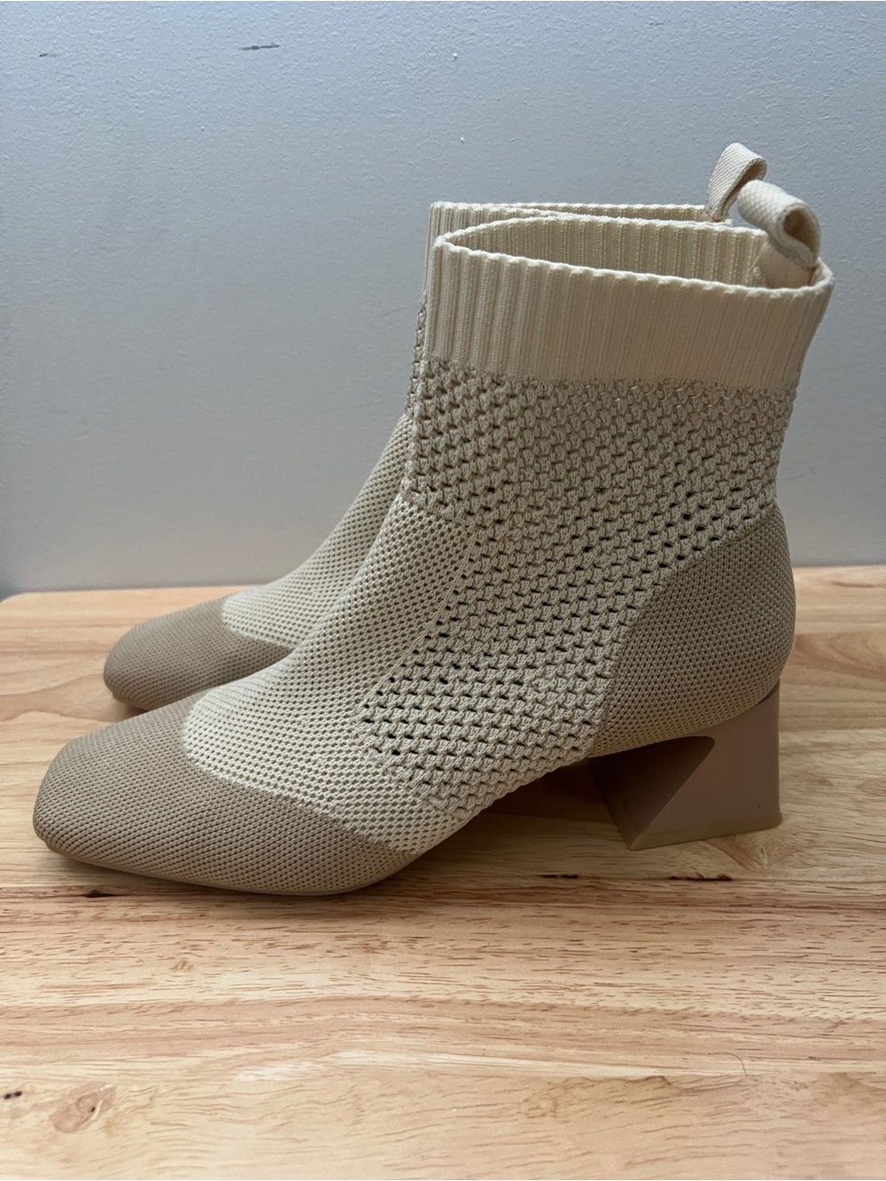 Neutral Knit Sock Ankle Boots with Sculpted Block Heel
